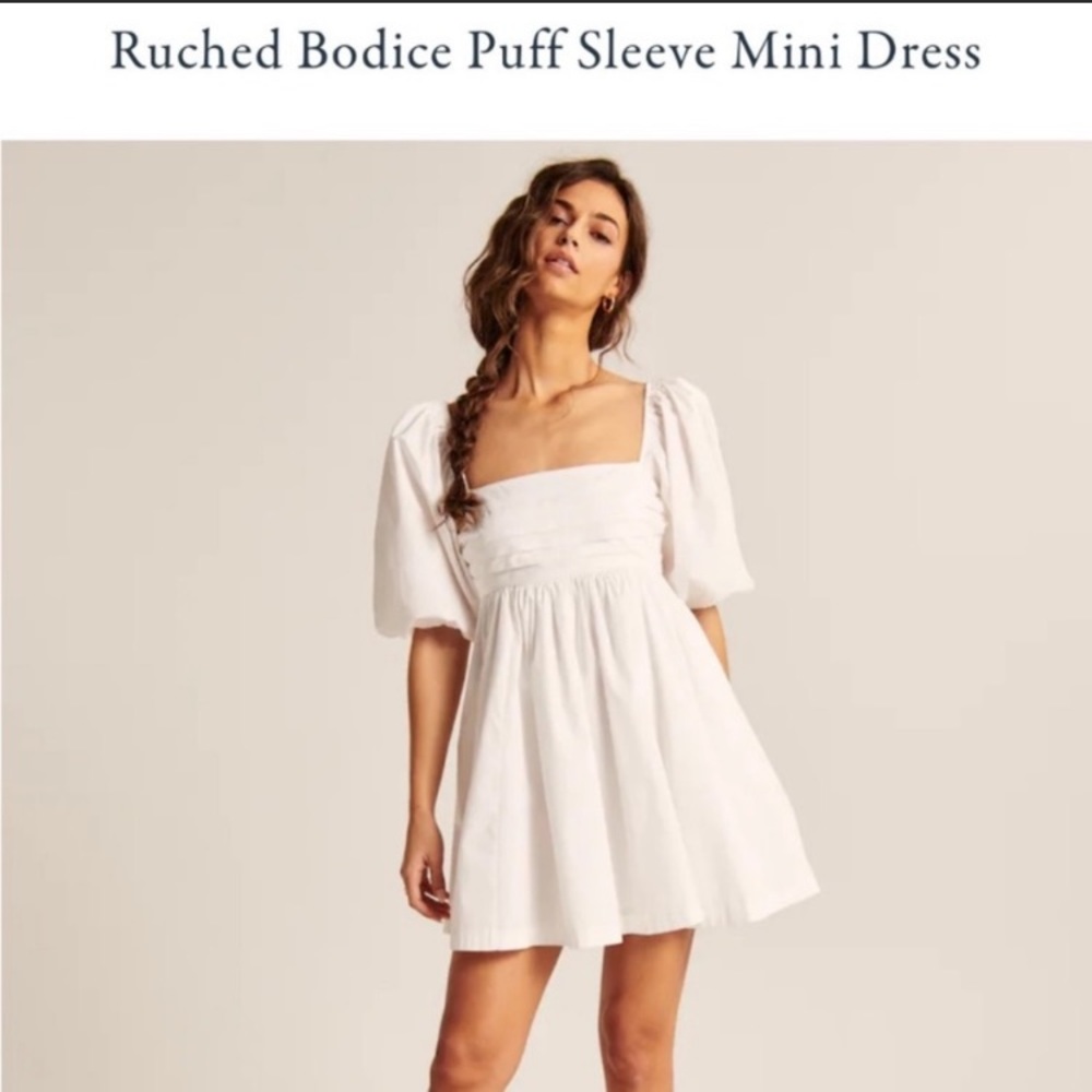 NWT Abercrombie Ruched Bodice Puff Sleeve Mini Dress White